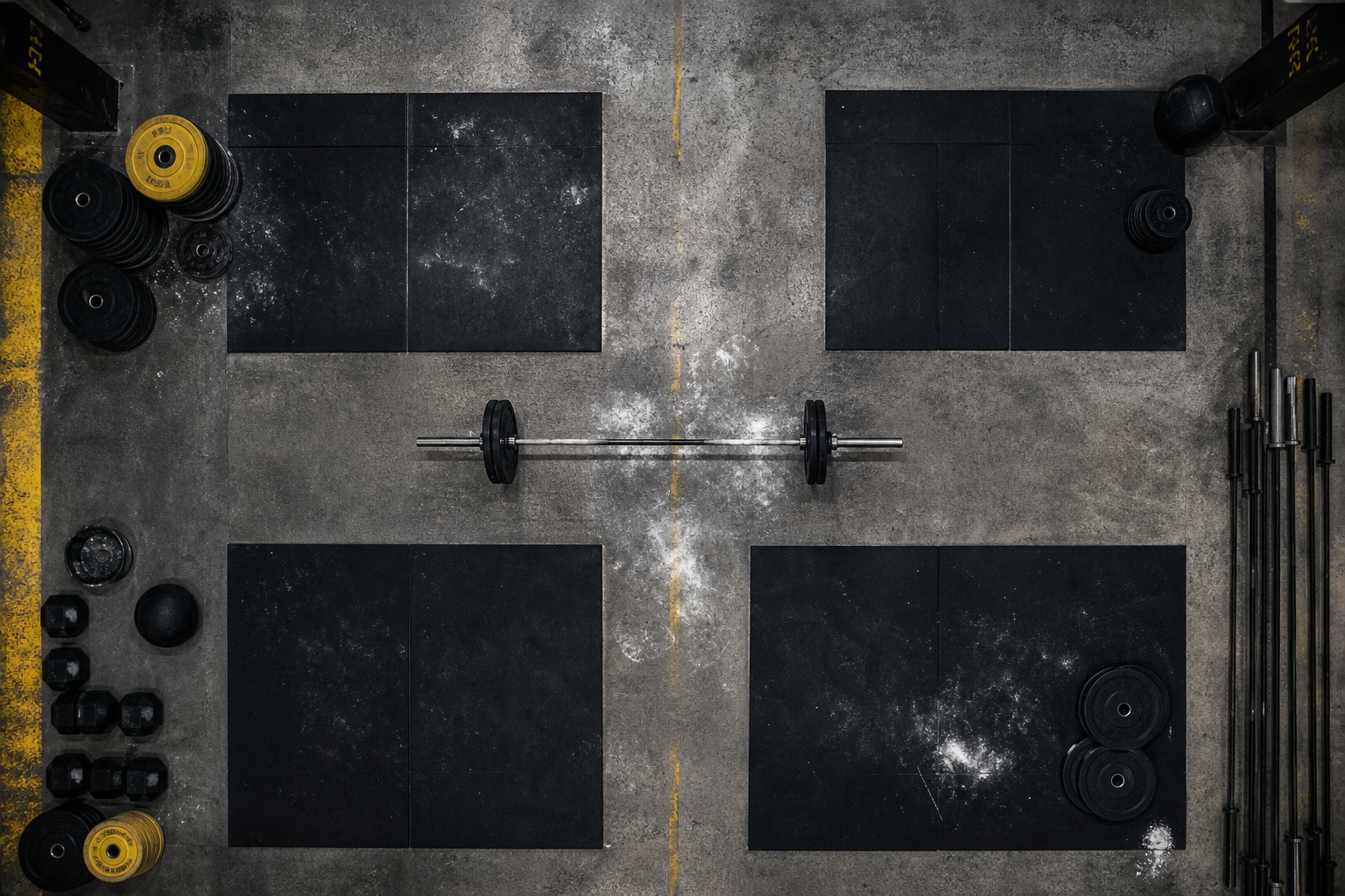 Gym floor with barbells and equipment layout