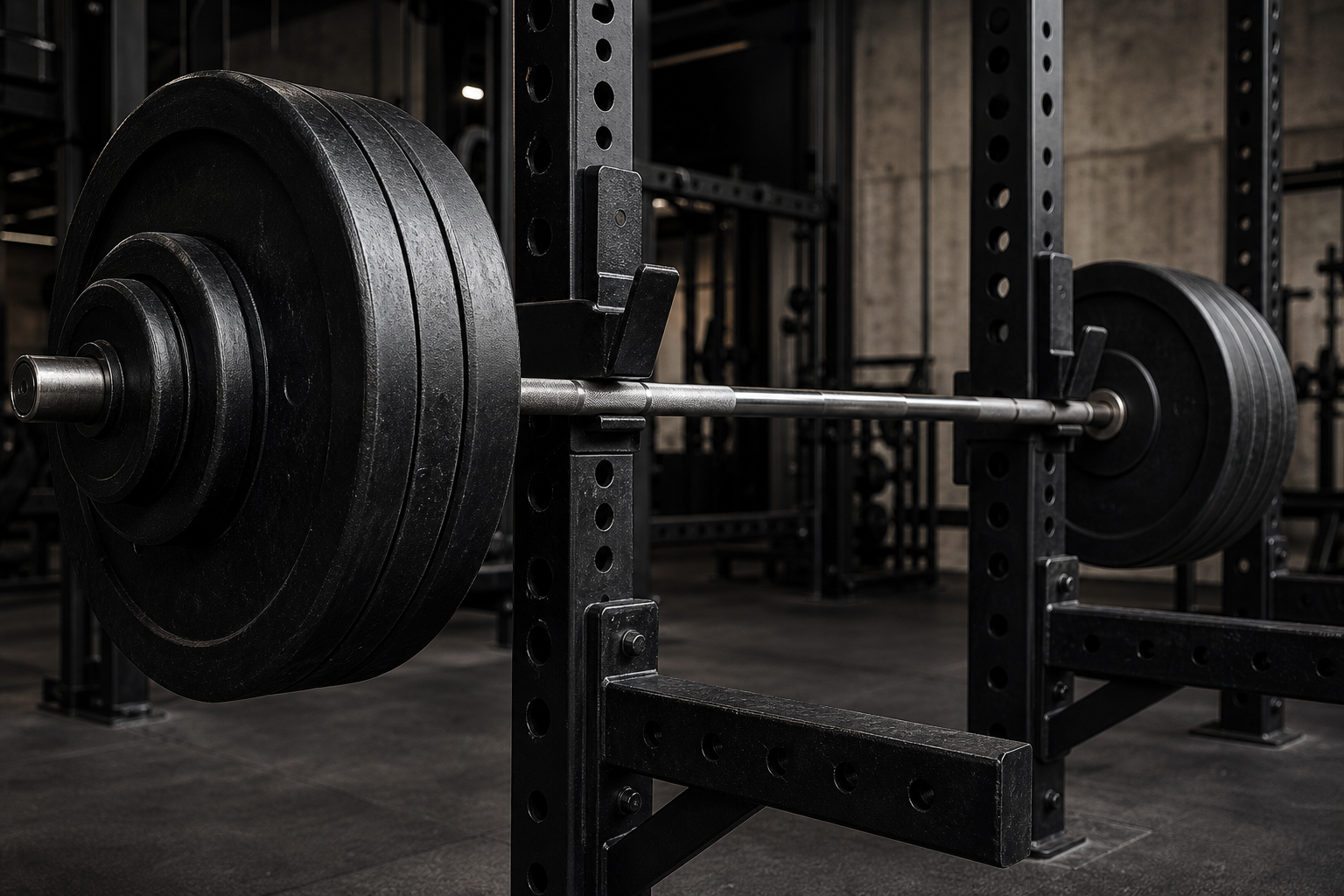 Heavy barbell on squat rack